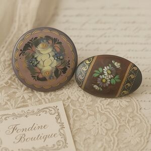 Vintage Russian Hand-Painted Floral Brooch Collection (Set of 2)